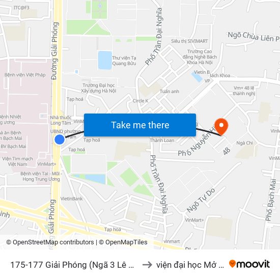 175-177 Giải Phóng (Ngã 3 Lê Thanh Nghị) to viện đại học Mở Hà Nội map