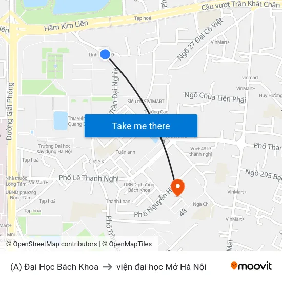 (A) Đại Học Bách Khoa to viện đại học Mở Hà Nội map