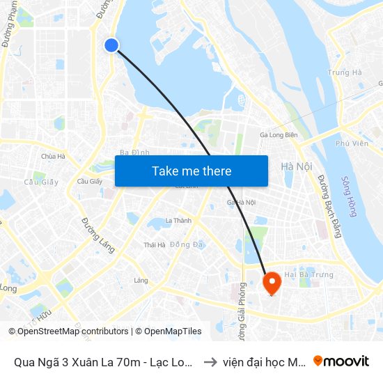 Qua Ngã 3 Xuân La 70m - Lạc Long Quân (Hồ Tây) to viện đại học Mở Hà Nội map