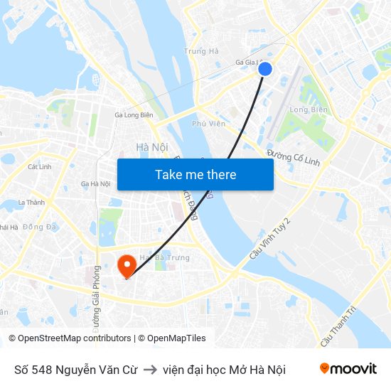 Số 548 Nguyễn Văn Cừ to viện đại học Mở Hà Nội map