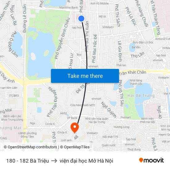 180 - 182 Bà Triệu to viện đại học Mở Hà Nội map