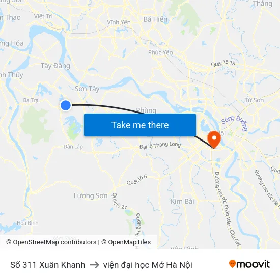 Số 311 Xuân Khanh to viện đại học Mở Hà Nội map