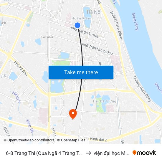 6-8 Tràng Thi (Qua Ngã 4 Tràng Thi - Lý Quốc Sư) to viện đại học Mở Hà Nội map