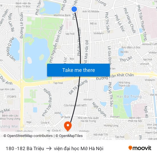 180 -182 Bà Triệu to viện đại học Mở Hà Nội map