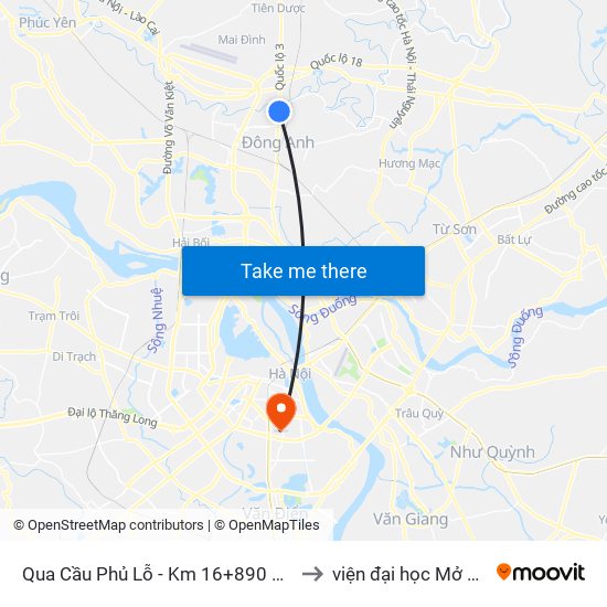 Qua Cầu Phủ Lỗ - Km 16+890 Quốc Lộ 3 to viện đại học Mở Hà Nội map