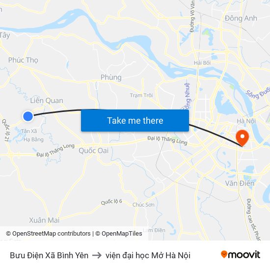 Bưu Điện Xã Bình Yên to viện đại học Mở Hà Nội map