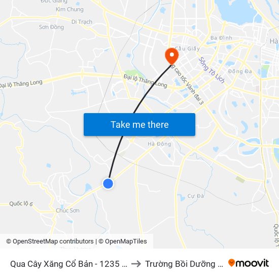 Qua Cây Xăng Cổ Bản - 1235 Quang Trung (Hà Đông), Quốc Lộ 6 to Trường Bồi Dưỡng Cán Bộ Giáo Dục Hà Nội map