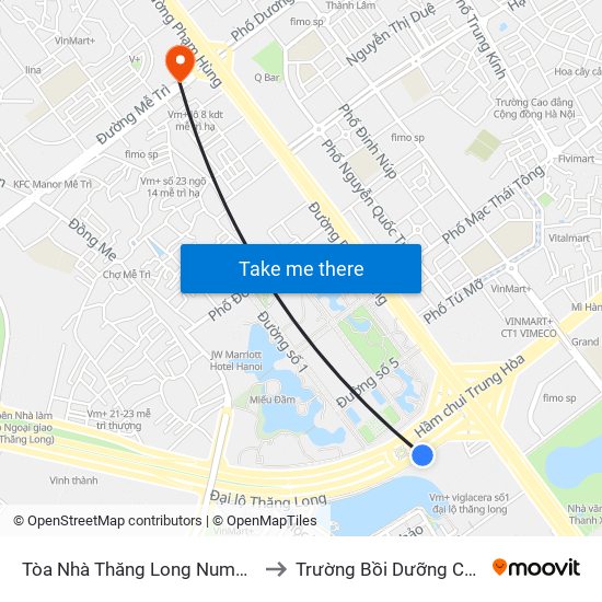 Tòa Nhà Thăng Long Number One - Đại Lộ Thăng Long to Trường Bồi Dưỡng Cán Bộ Giáo Dục Hà Nội map