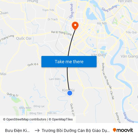 Bưu Điện Kim Bài to Trường Bồi Dưỡng Cán Bộ Giáo Dục Hà Nội map