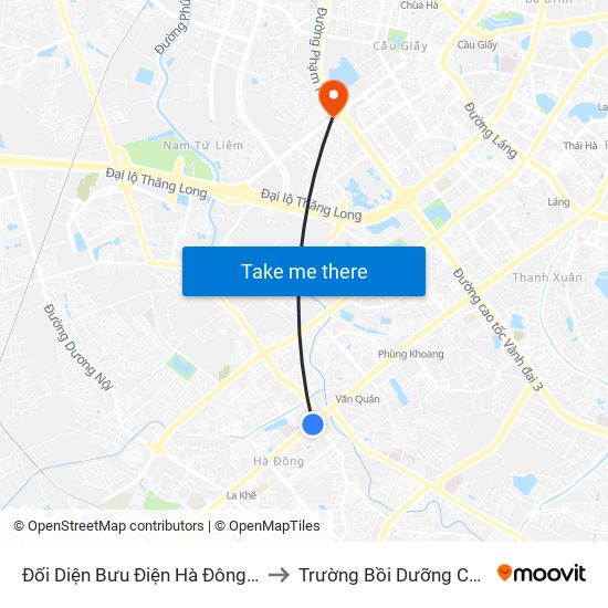 Đối Diện Bưu Điện Hà Đông(15 Quang Trung Hà Đông) to Trường Bồi Dưỡng Cán Bộ Giáo Dục Hà Nội map
