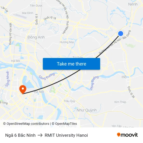 Ngã 6 Bắc Ninh to RMIT University Hanoi map