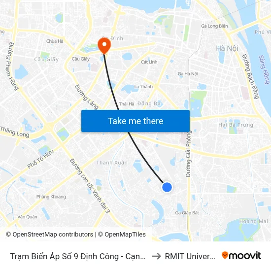 Trạm Biến Áp Số 9 Định Công - Cạnh Chợ Xanh Định Công to RMIT University Hanoi map