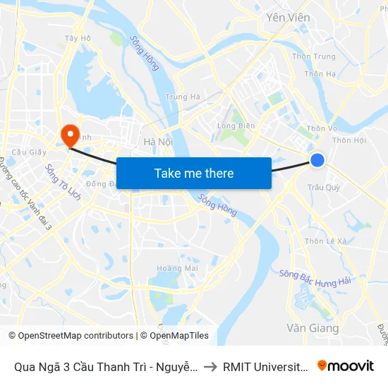 Qua Ngã 3 Cầu Thanh Trì - Nguyễn Đức Thuận to RMIT University Hanoi map