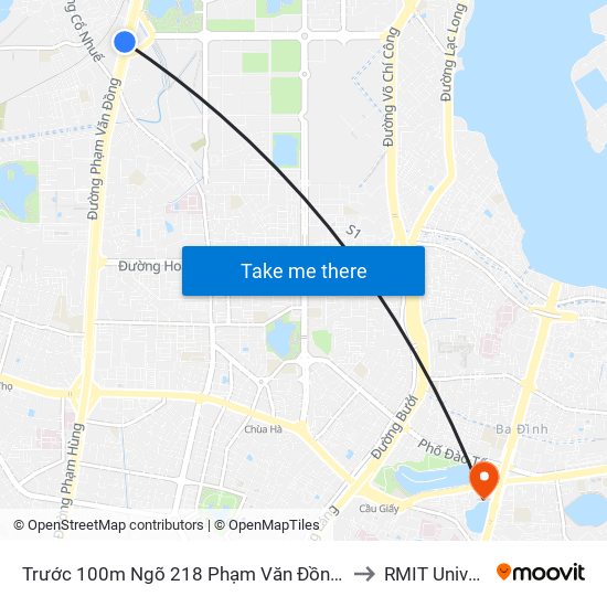 Trước 100m Ngõ 218 Phạm Văn Đồng (Đối Diện Công Viên Hòa Bình) to RMIT University Hanoi map
