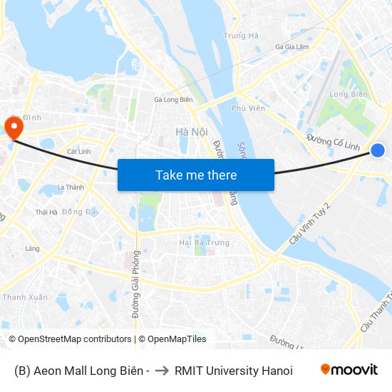 (B) Aeon Mall Long Biên - to RMIT University Hanoi map