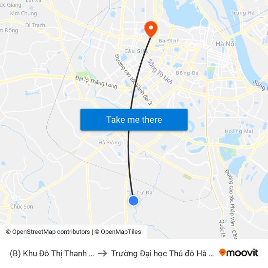 (B) Khu Đô Thị Thanh Hà to Trường Đại học Thủ đô Hà Nội map