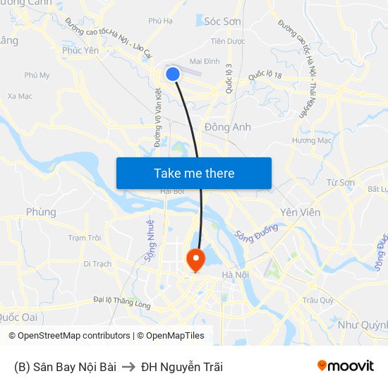 (B) Sân Bay Nội Bài to ĐH Nguyễn Trãi map