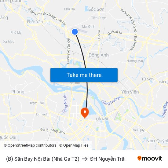 (B) Sân Bay Nội Bài (Nhà Ga T2) to ĐH Nguyễn Trãi map