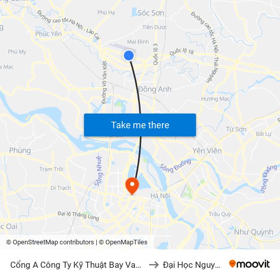 Cổng A Công Ty Kỹ Thuật Bay Vaeco Nội Bài to Đại Học Nguyễn Trãi map