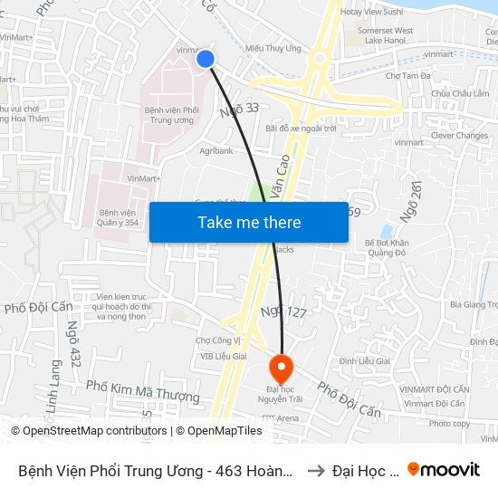 Bệnh Viện Phổi Trung Ương - 463 Hoàng Hoa Thám (Đối Diện 410 Hoàng Hoa Thám) to Đại Học Nguyễn Trãi map