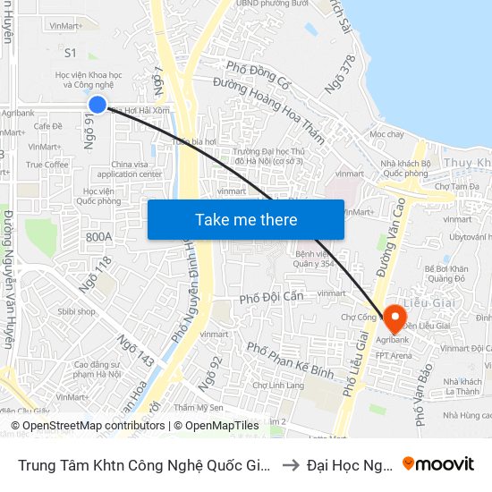 Trung Tâm Khtn Công Nghệ Quốc Gia - 18 Hoàng Quốc Việt to Đại Học Nguyễn Trãi map