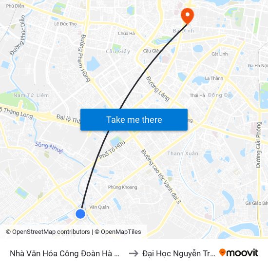 Nhà Văn Hóa Công Đoàn Hà Nội to Đại Học Nguyễn Trãi map