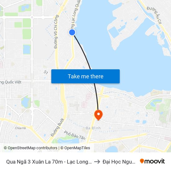 Qua Ngã 3 Xuân La 70m - Lạc Long Quân (Hồ Tây) to Đại Học Nguyễn Trãi map