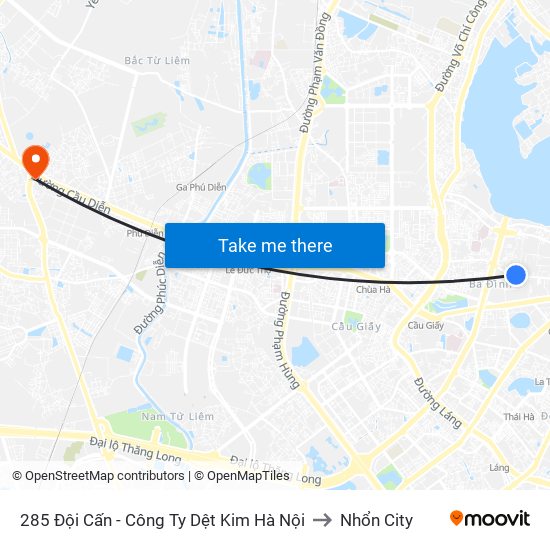 285 Đội Cấn - Công Ty Dệt Kim Hà Nội to Nhổn City map