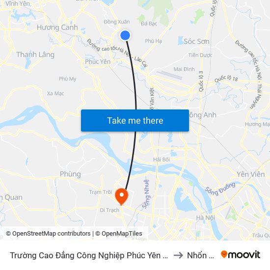 Trường Cao Đẳng Công Nghiệp Phúc Yên (Chiều Về) to Nhổn City map