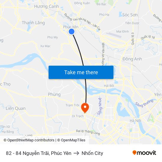 82 - 84 Nguyễn Trãi, Phúc Yên to Nhổn City map