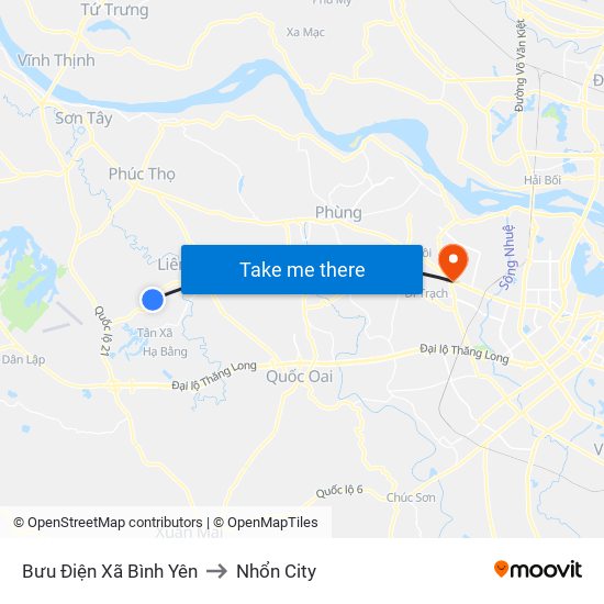 Bưu Điện Xã Bình Yên to Nhổn City map