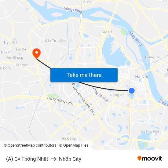 (A) Cv Thống Nhất to Nhổn City map