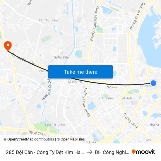 285 Đội Cấn - Công Ty Dệt Kim Hà Nội to ĐH Công Nghiệp map