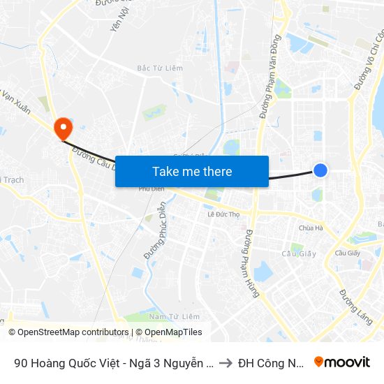 90 Hoàng Quốc Việt - Ngã 3 Nguyễn Văn Huyên to ĐH Công Nghiệp map