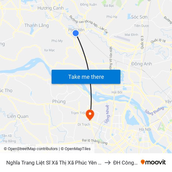 Nghĩa Trang Liệt Sĩ Xã Thị Xã Phúc Yên - Hai Bà Trưng, Phúc Yên to ĐH Công Nghiệp map