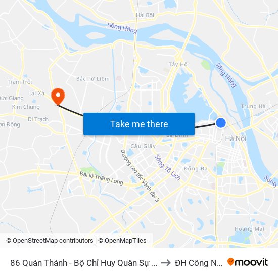 86 Quán Thánh - Bộ Chỉ Huy Quân Sự Quận Ba Đình to ĐH Công Nghiệp map