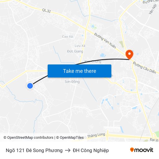 Ngõ 121 Đê Song Phương to ĐH Công Nghiệp map