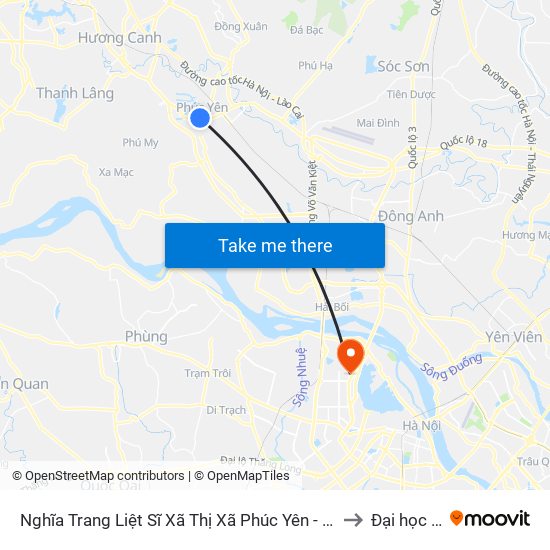 Nghĩa Trang Liệt Sĩ Xã Thị Xã Phúc Yên - Hai Bà Trưng, Phúc Yên to Đại học Nội vụ map