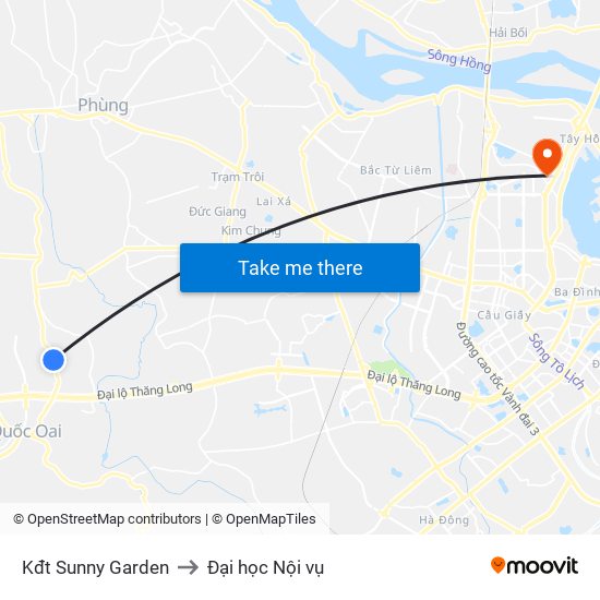 Kđt Sunny Garden to Đại học Nội vụ map