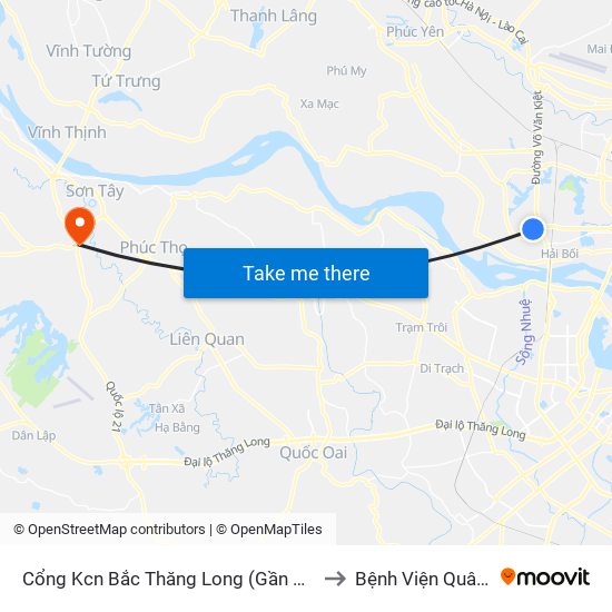 Cổng Kcn Bắc Thăng Long (Gần Cầu Vượt Bộ Hành) to Bệnh Viện Quân đội 105 map