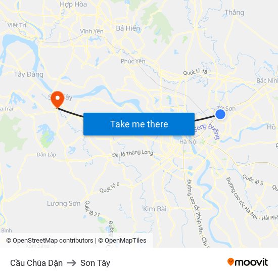 Cầu Chùa Dận to Sơn Tây map