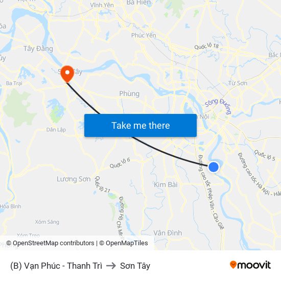 (B) Vạn Phúc - Thanh Trì to Sơn Tây map