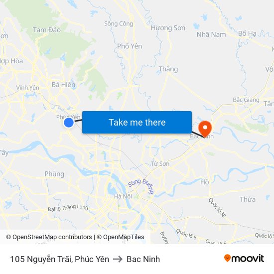 105 Nguyễn Trãi, Phúc Yên to Bac Ninh map