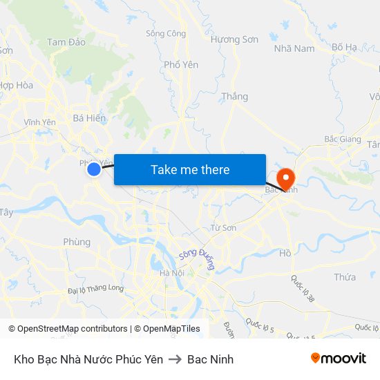 Kho Bạc Nhà Nước Phúc Yên to Bac Ninh map