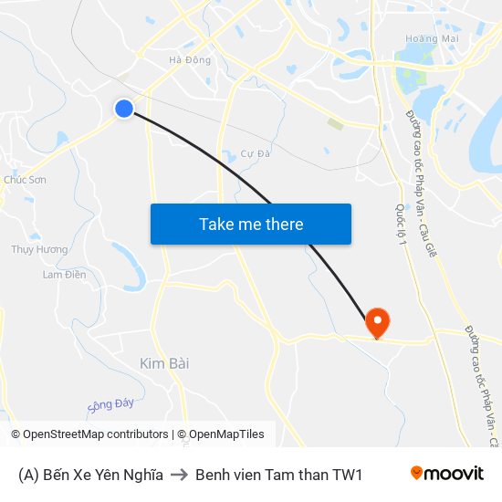 (A) Bến Xe Yên Nghĩa to Benh vien Tam than TW1 map