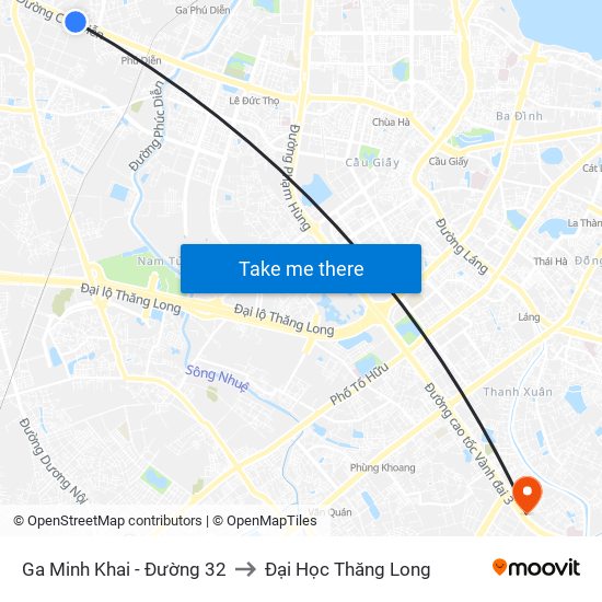 Ga Minh Khai - Đường 32 to Đại Học Thăng Long map