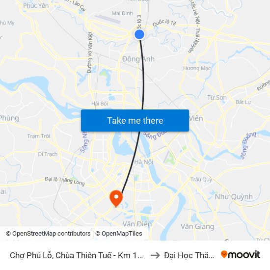 Chợ Phủ Lỗ, Chùa Thiên Tuế - Km 18+600 Quốc Lộ 3 to Đại Học Thăng Long map