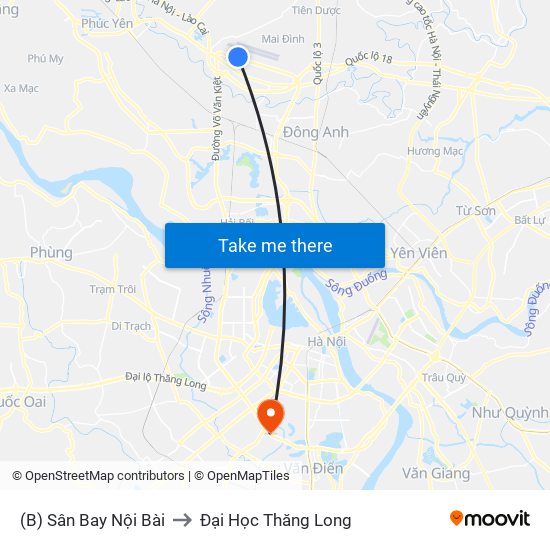 (B) Sân Bay Nội Bài to Đại Học Thăng Long map