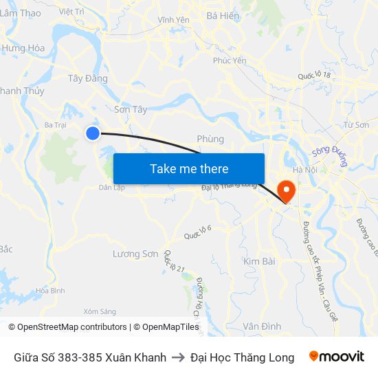 Giữa Số 383-385 Xuân Khanh to Đại Học Thăng Long map