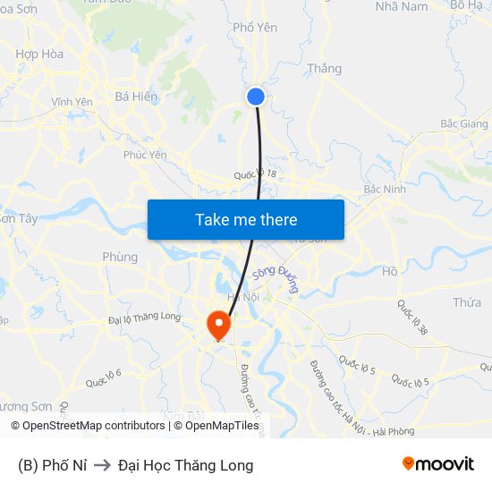 (B) Phố Nỉ to Đại Học Thăng Long map